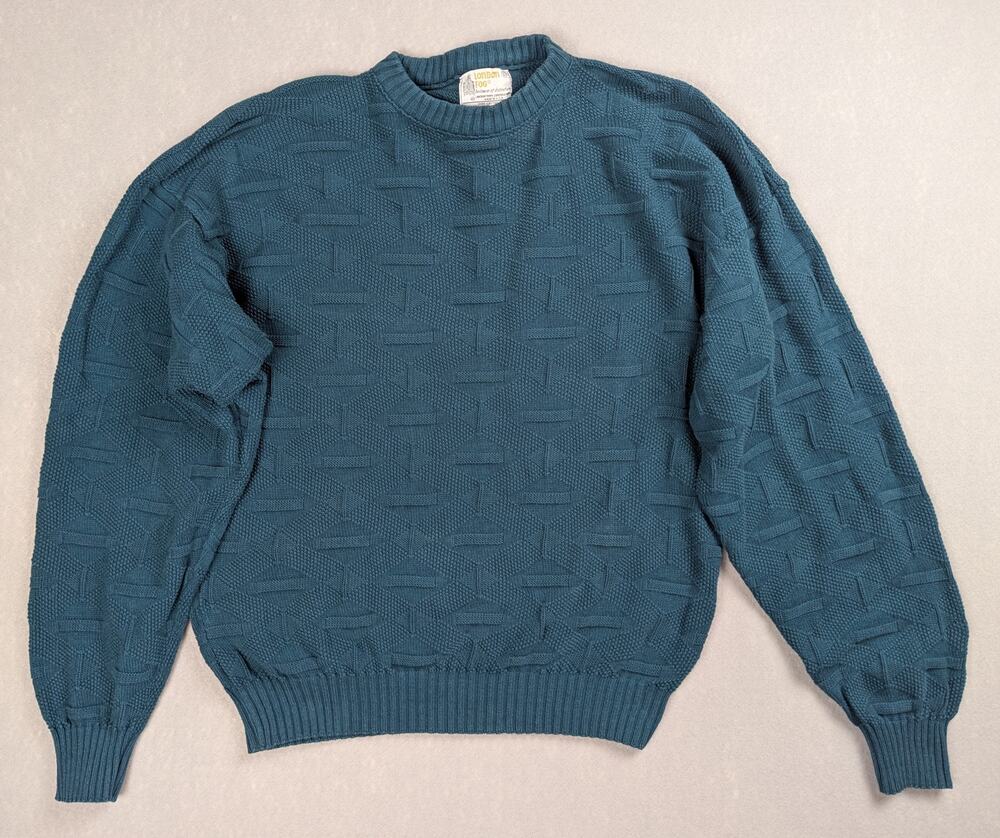 Vintage London Fog 3D Geometric Knit Sweater Crewneck Green Teal L Coogi Style